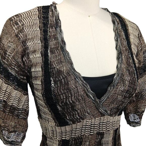 Vintage Y2K Knit Sweater Dress Size S Striped Metallic INC V Neck Brown Black - Picture 4 of 6